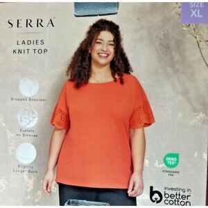 Women's Top Orange Eyelet Design Sleeve Hi-Lo Hemline New Tags Size XL